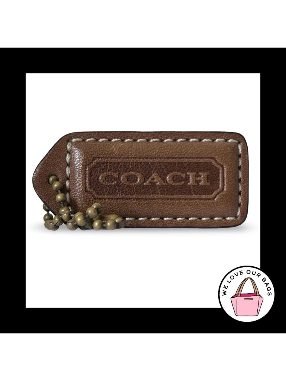 COACH Y2K VINTAGE Hang Tag 2" Brown Antique Brass Leather Bag Charm Keychain Fob